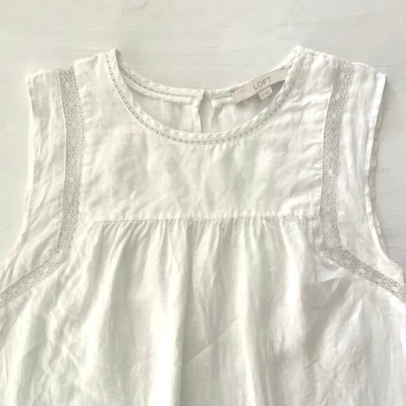 Loft Linen White Sleeveless Blouse Womens Size M Lace Work Travel Cottagecore - Picture 2 of 11